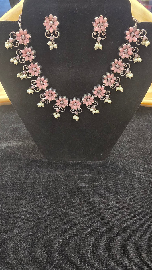 Charming Light Pink Color Flower Designed And White Beaded Work Necklace With Earrings