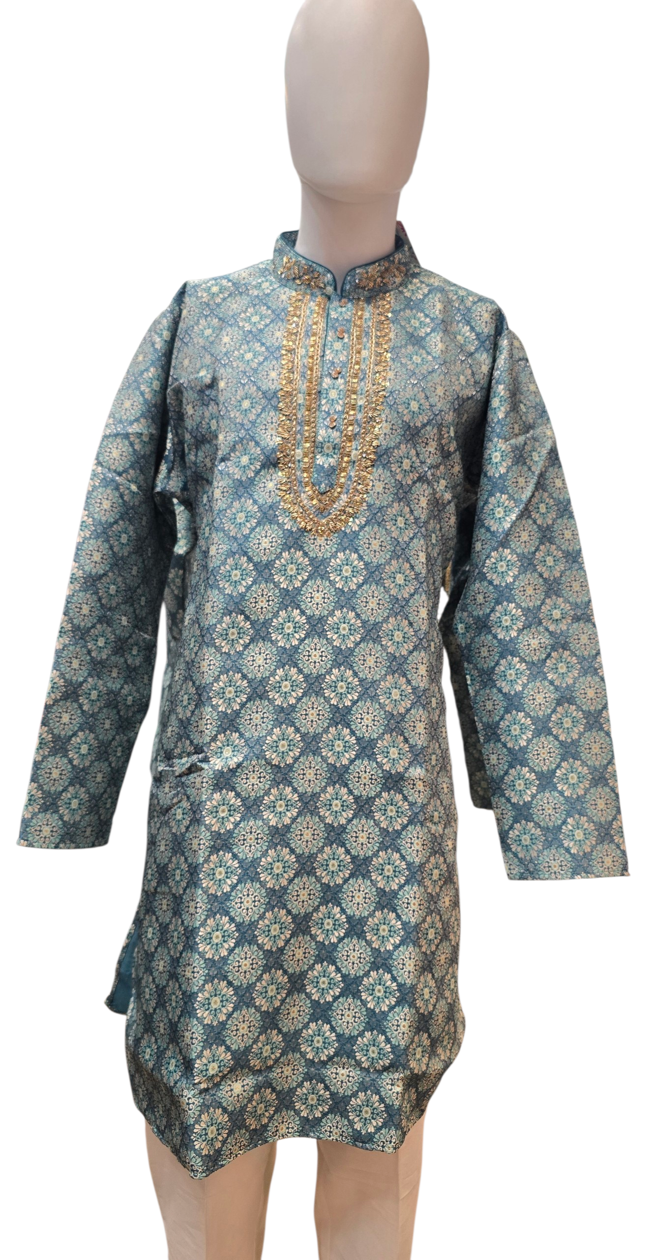 Alluring Teal Blue Color Silk With Zardozi Work Kurta Suits For Men