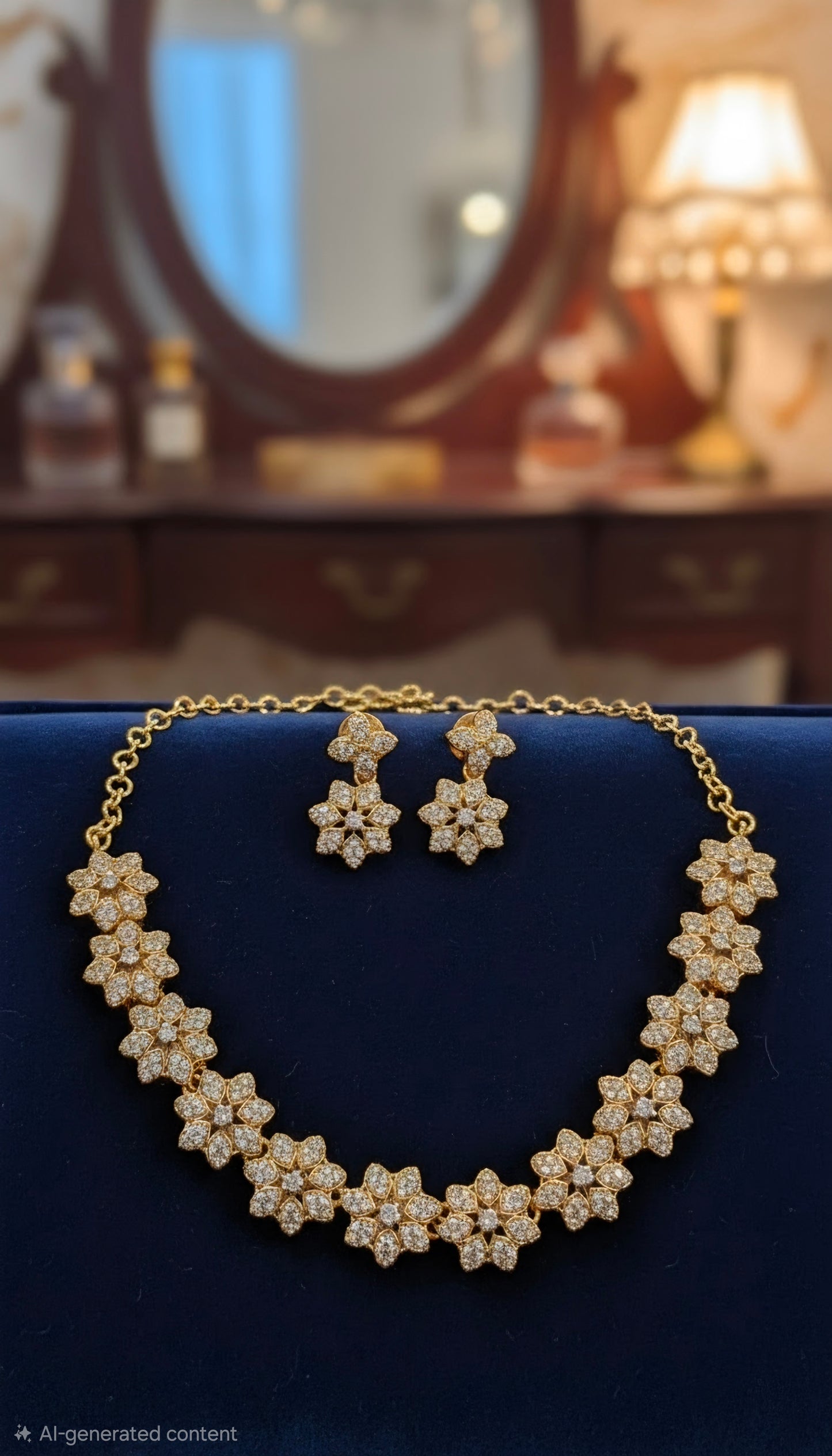 Pretty Gold Plated Flower Shaped Jewellery Set With Small White Stones