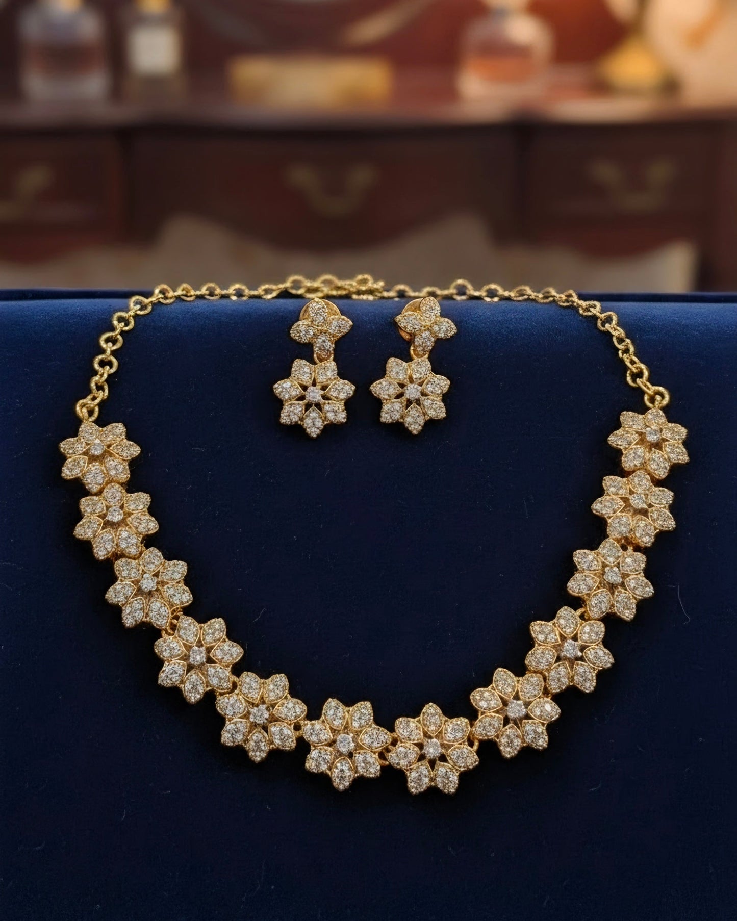 White Stones Studded Flower Shaped Gold Plated Necklace With Earrings Near Me