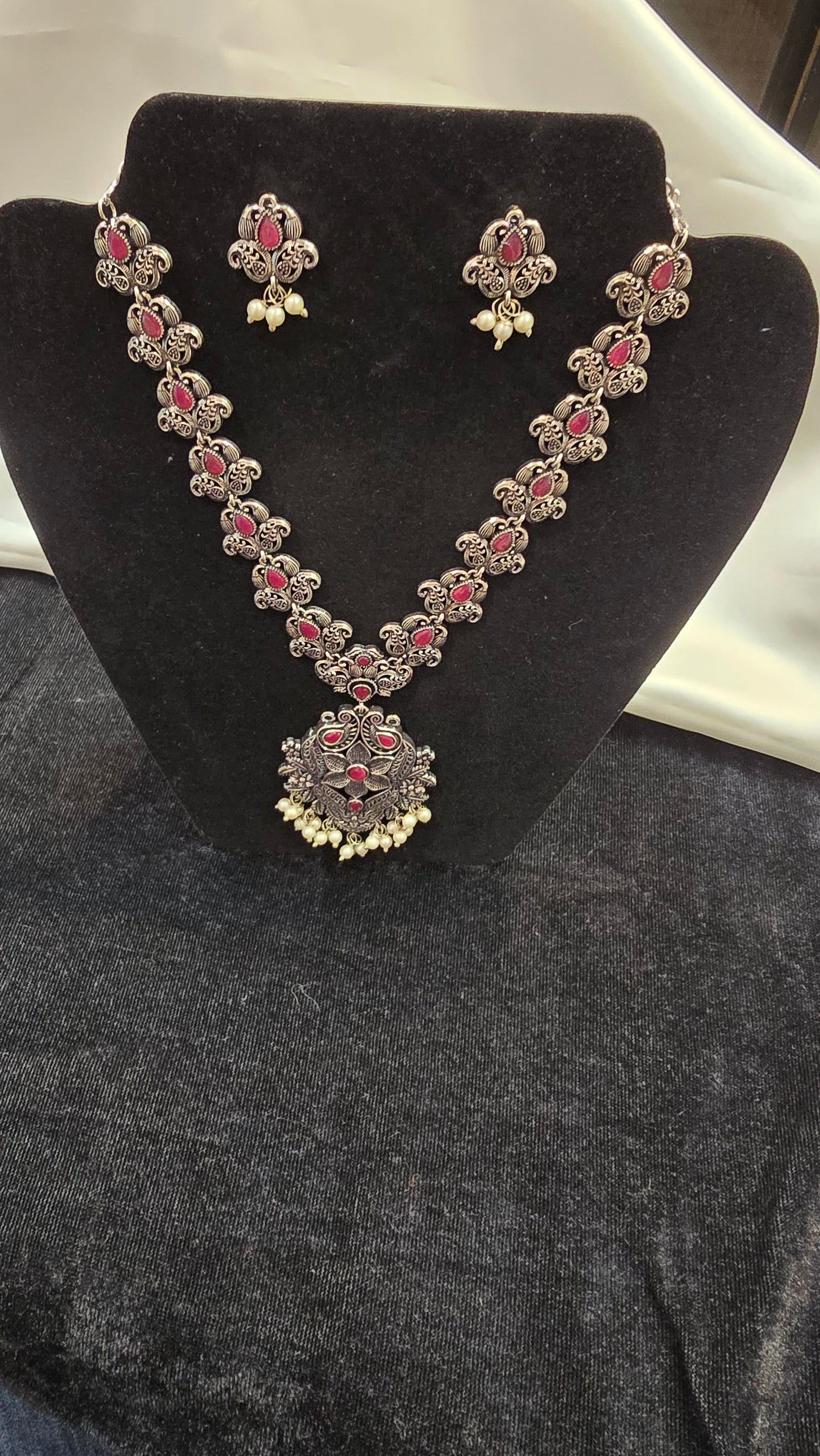 Pretty Dark Pink Colored Oxidized Necklace With Earrings Set