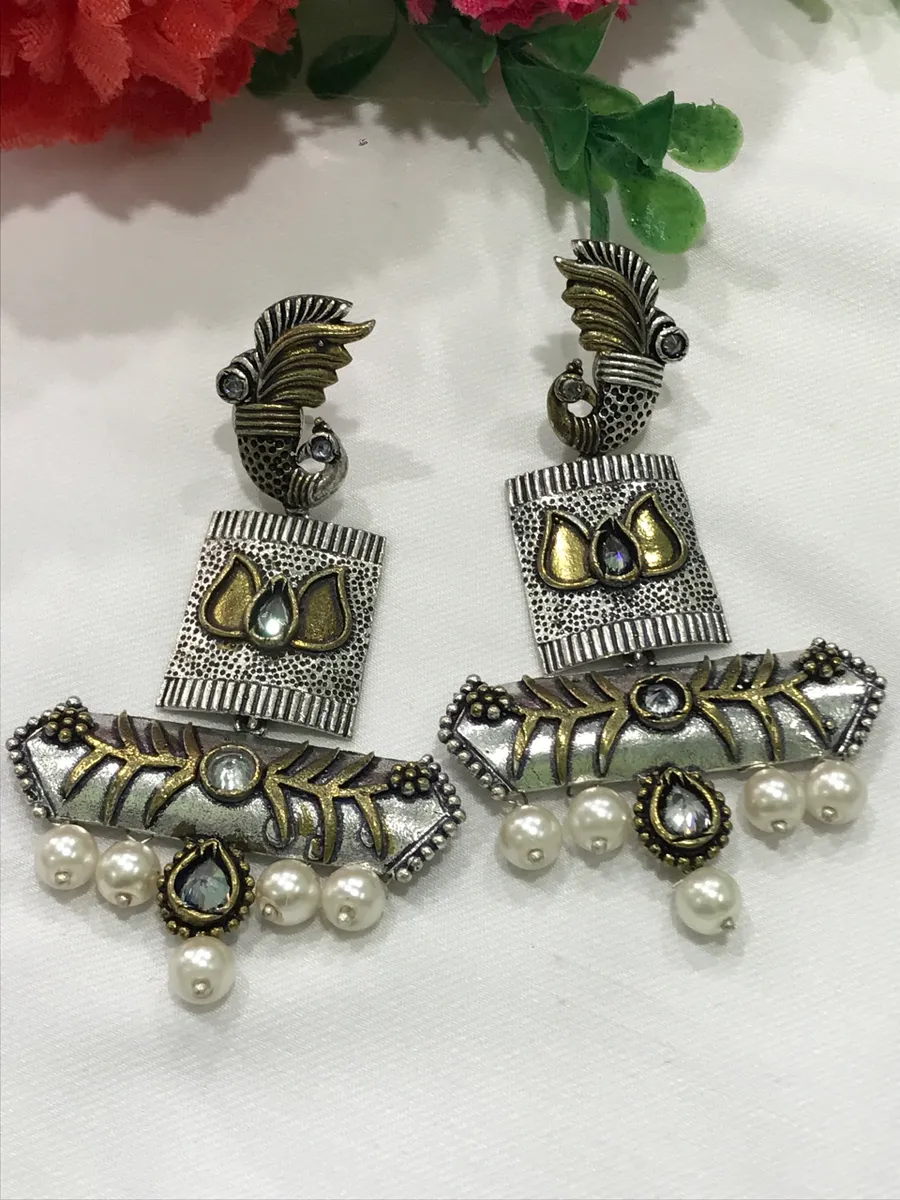 Dual Tone Tribal Oxidized Earrings With Pearl Beads In USA