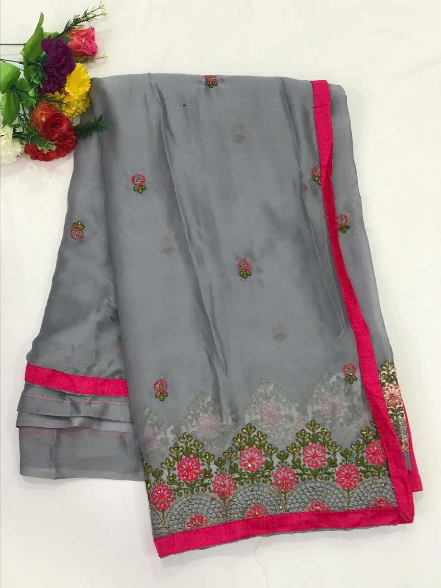 Gray Color Embroidery Georgette Saree With Contrast Pink Lace Border
