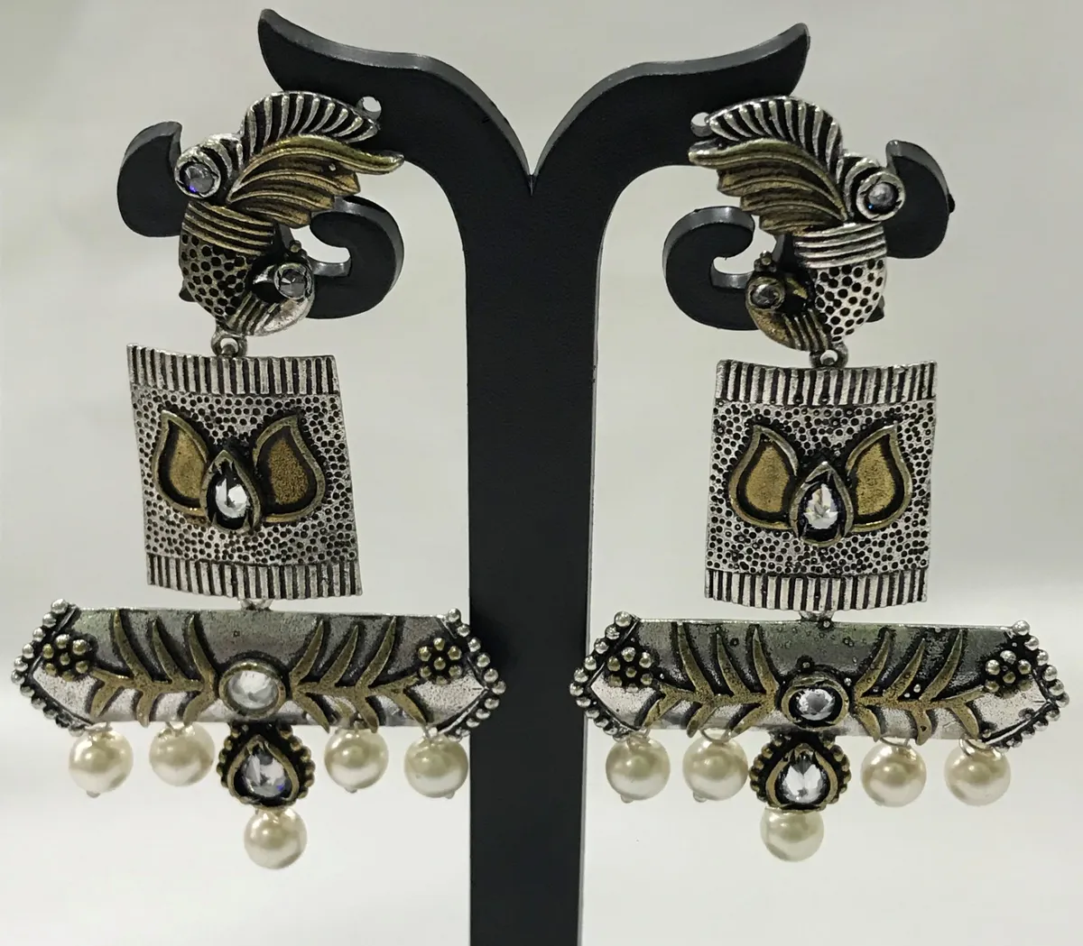 Dual Tone Tribal Oxidized Earrings With Pearl Beads Near Me
