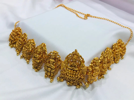 Elegant Matte Finished Antique Gold Temple Lakshmi Design Hip Chain With Beads Work