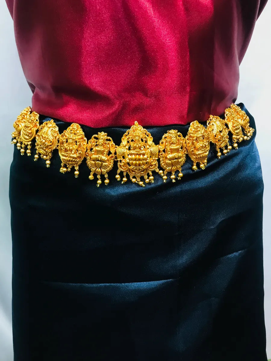 Matte Finished Antique Gold Temple Lakshmi Design Hip Chain With Beads Work In USA