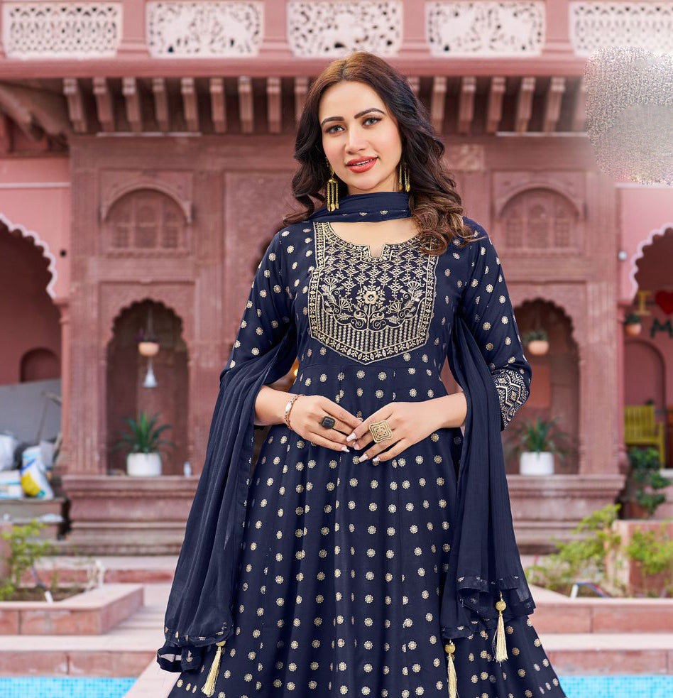 Charming Blue Colored Rayon Salwar Suits With Fancy Neck Embroidery And Dupatta Near Me