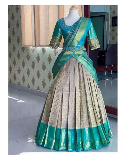 Classy Rama Green Color Banarasi Silk Half Saree Lehenga Choli With Flower Butti And Zari Work