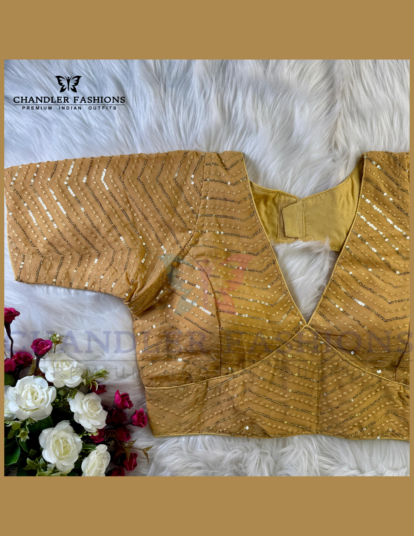 Elegant Golden Color Sequins And Embroidery Work blouse For Women