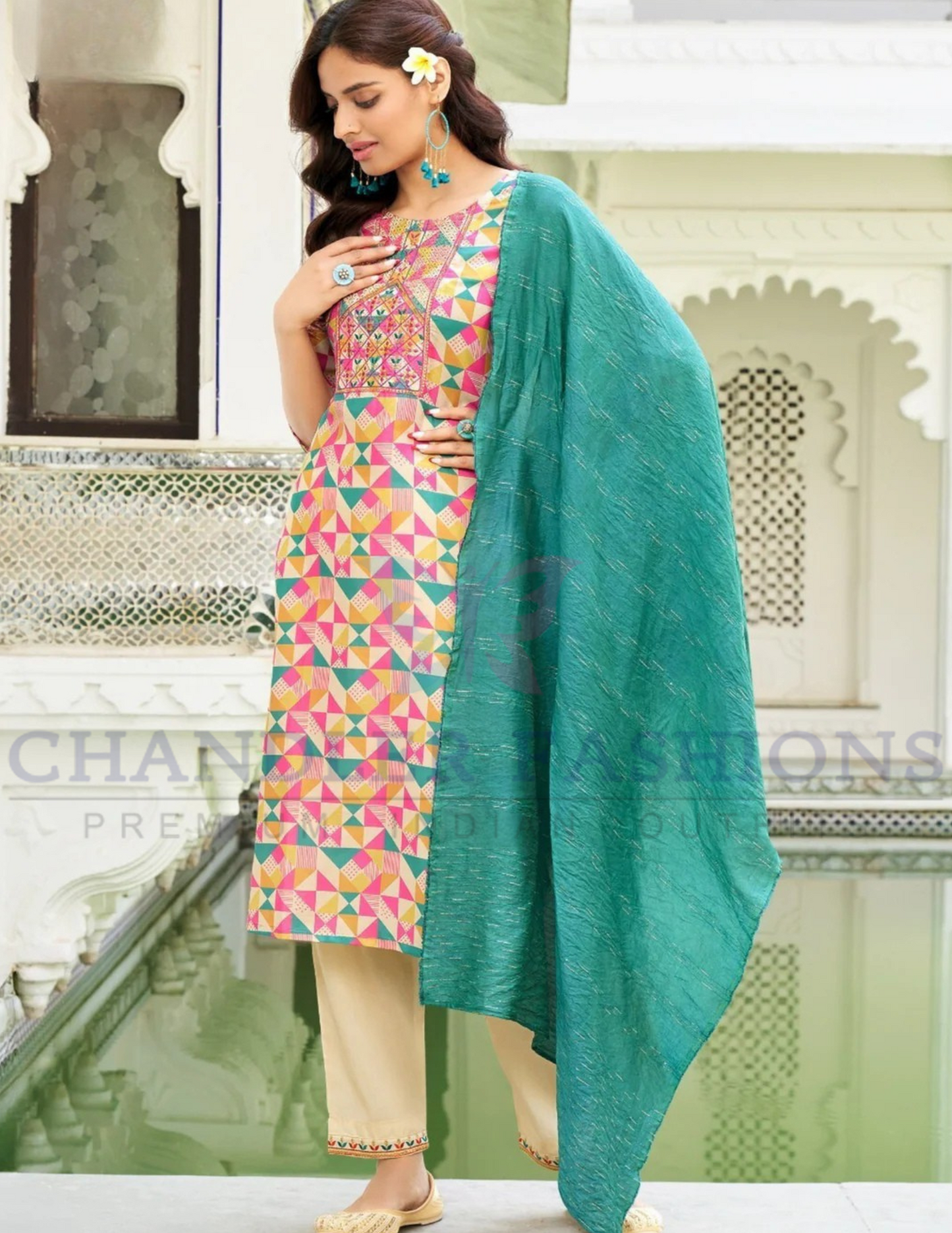 Attractive Multicolor Straight Kurti With Pant And Fancy Jacquard Dupatta For Women