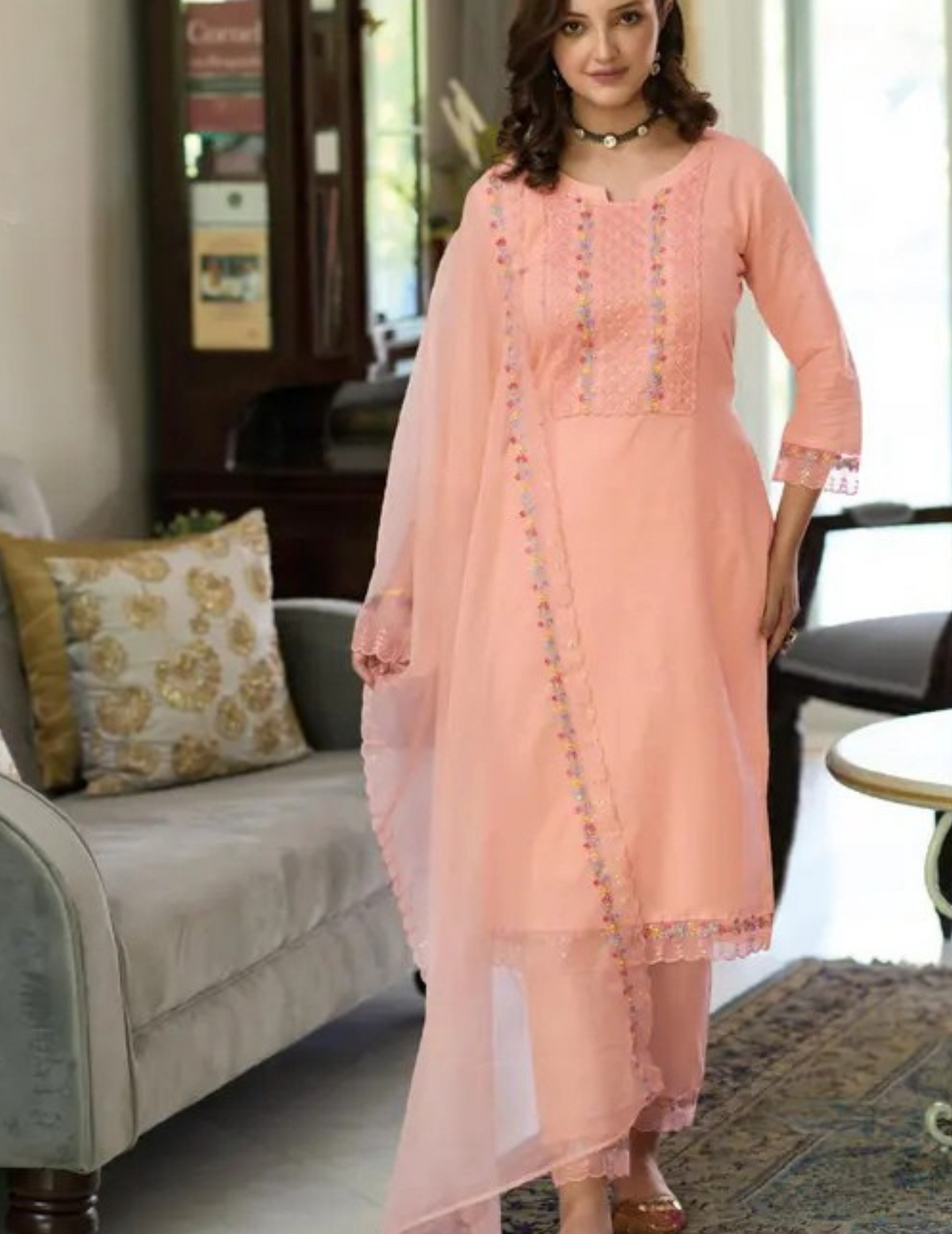 Charming Peach Colored Cotton Embroidery Work Kurti & Pant With Dupatta