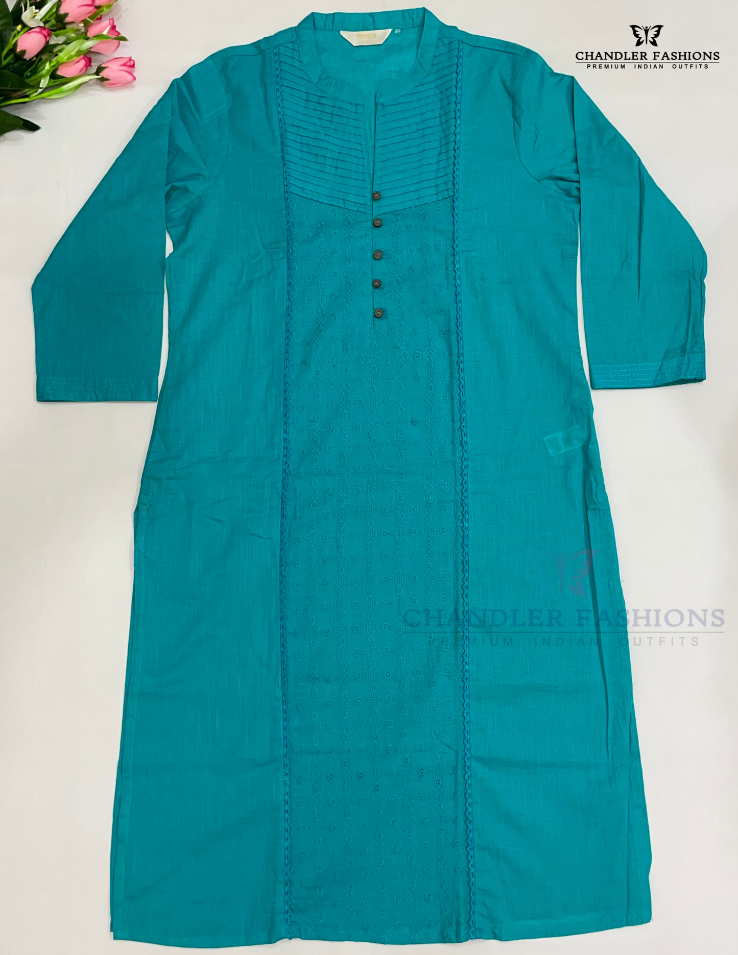 Alluring Teal Blue Color Cotton Kurti With Pocket For Women