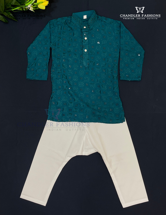 Dazzling Teal Blue Colored Rayon Kurta With Pajama Pant Sets For Boys