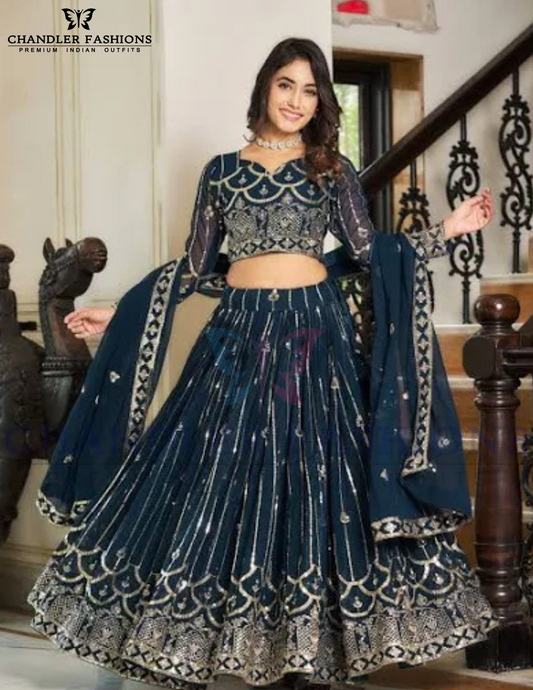 Beautiful Teal Blue Color Faux Georgette Sequins Work Lehenga Choli With Dupatta