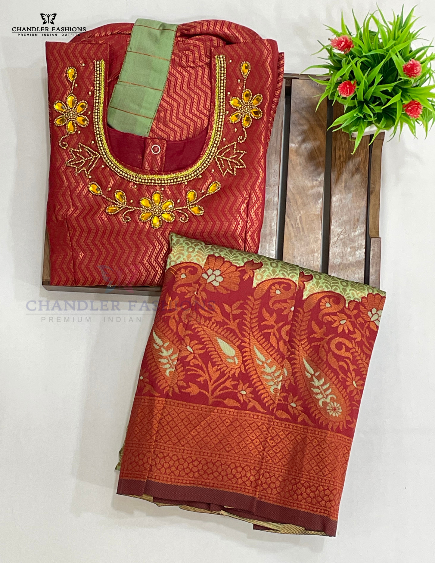 Attractive Maroon And Green Color Silk Langa sets With Zari Work Near Me