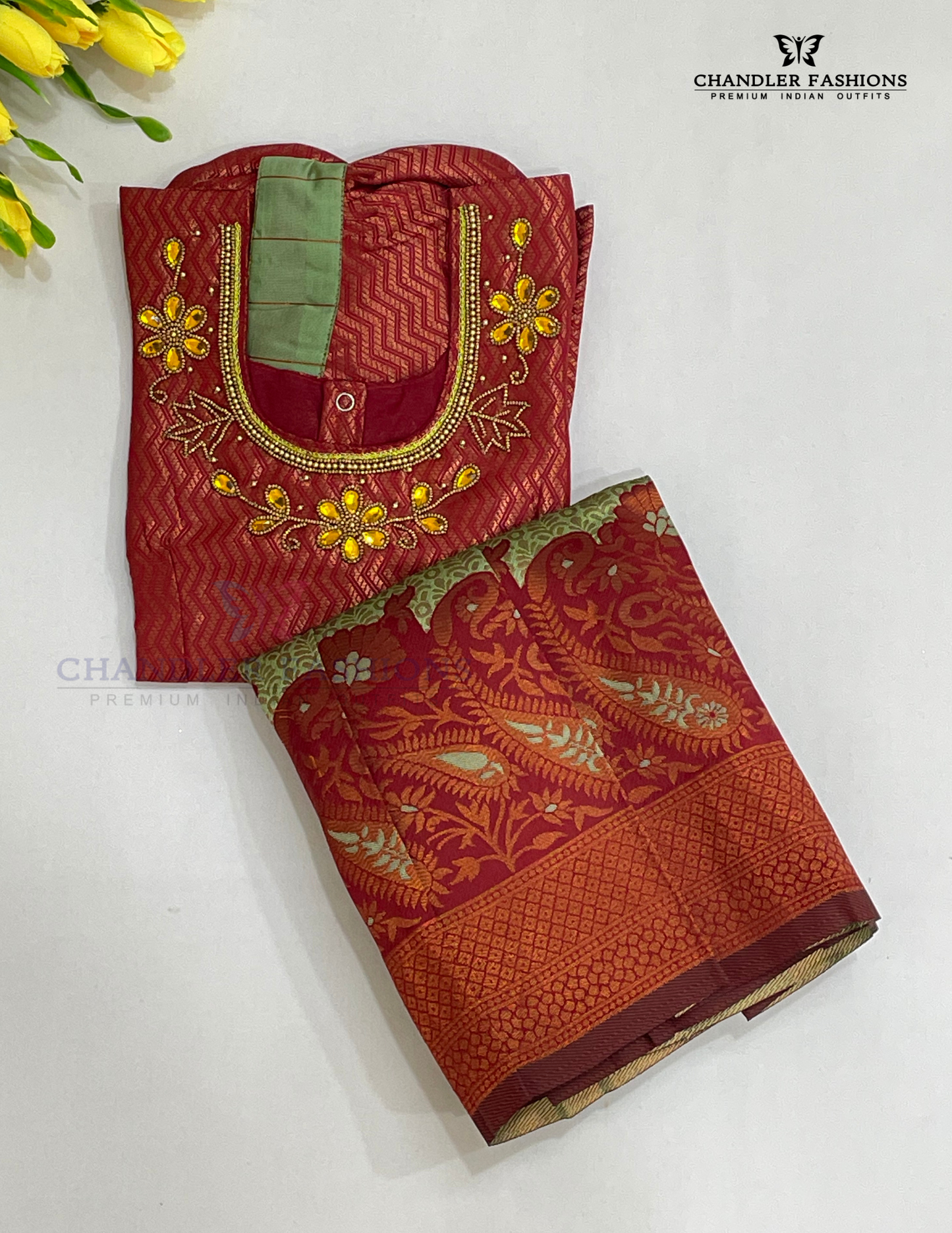 Maroon And Green Color Silk Langa sets With Zari Work In USA