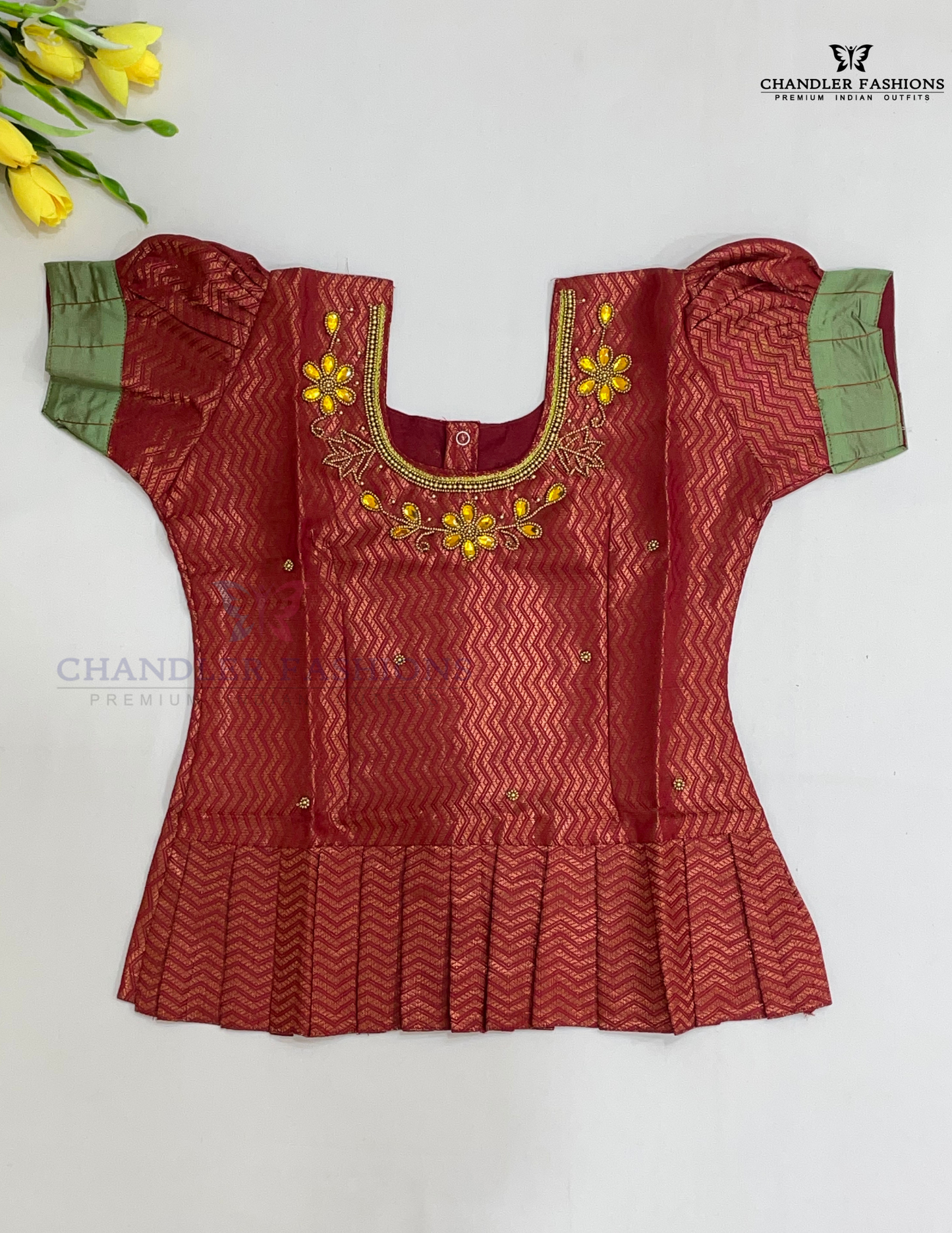 Maroon And Green Color Silk Langa sets With Zari Work In Tempe