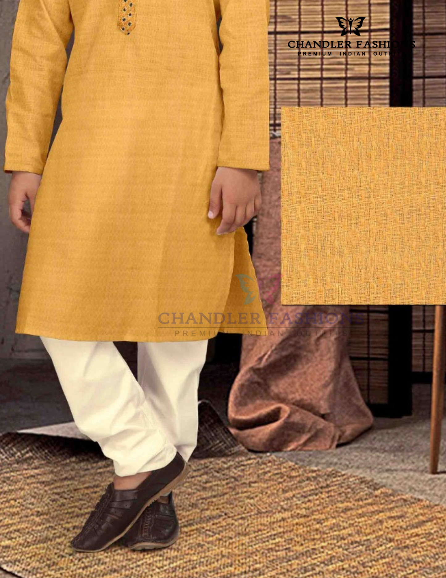 Yellow Color Poly Cotton Kurta Pajama Set For Kids In USA