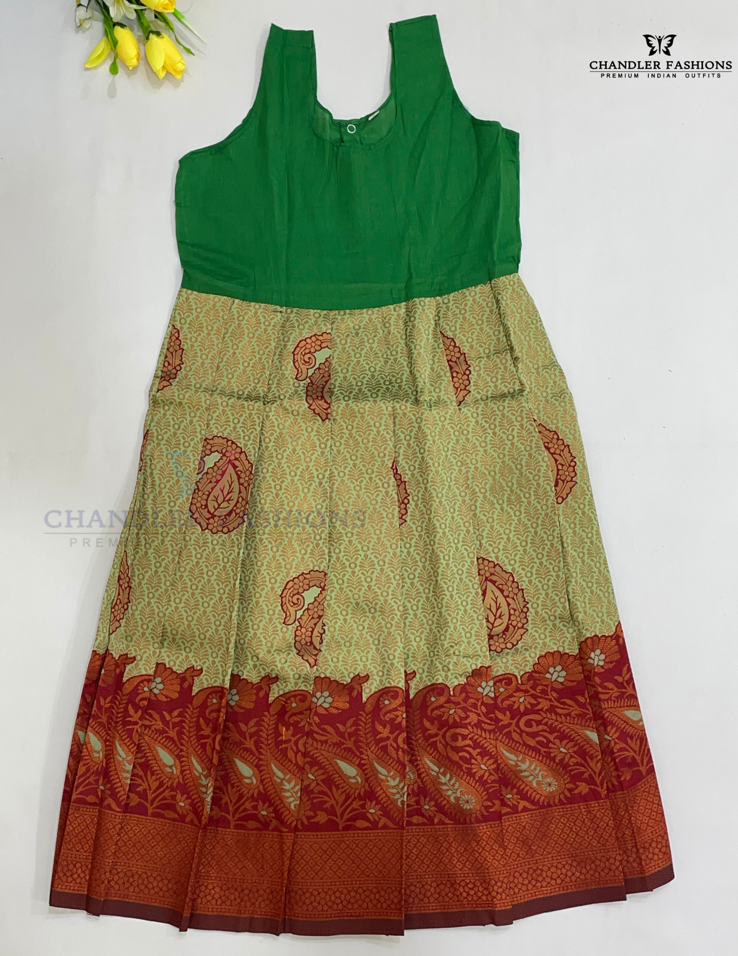 Maroon And Green Color Silk Langa sets With Zari Work In Yuma