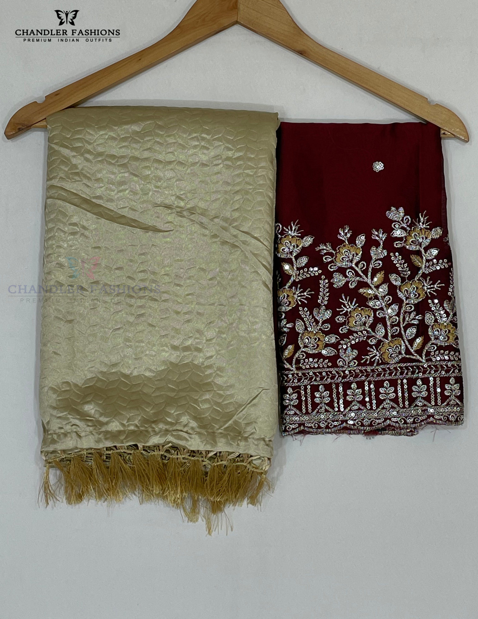 Beige Color Chiffon Saree With Designer Zari Work Near Me