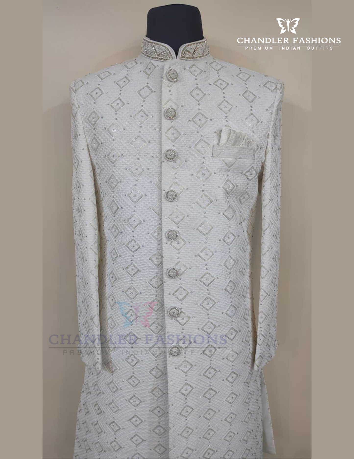 Stunning Ivory Color Raw Silk With Hand Embroidery And Sequins Work Sherwani Suit For Men - PREMIUM QUALITY
