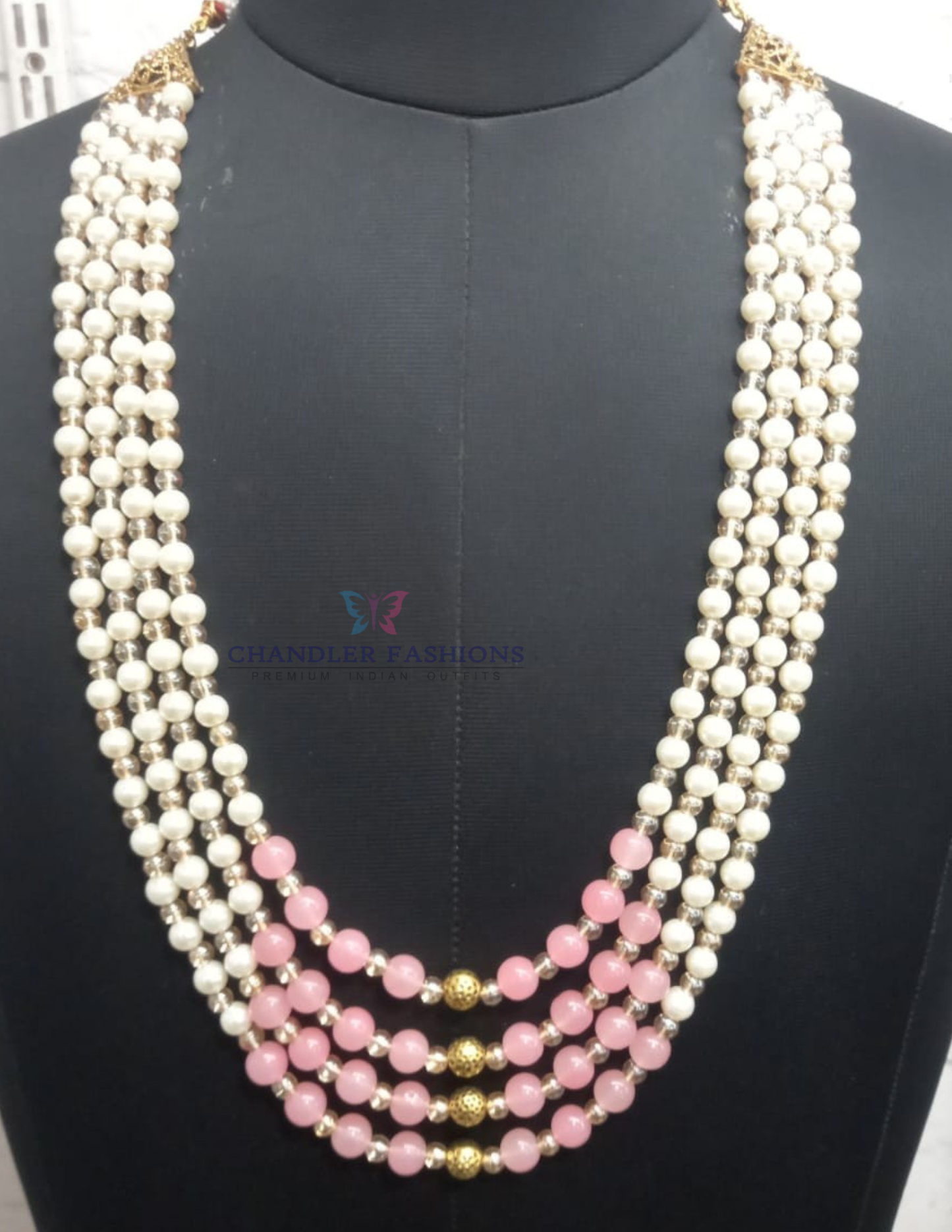 Pretty Pink And White Color Gold Plated With Designer Pearl Beaded Mala