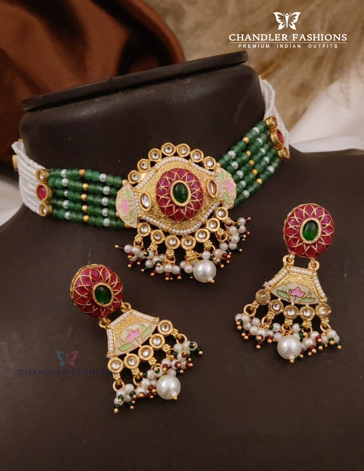 Elegant Multicolor Stone With Pearl Beaded Gold Plated Necklace With Earrings Set