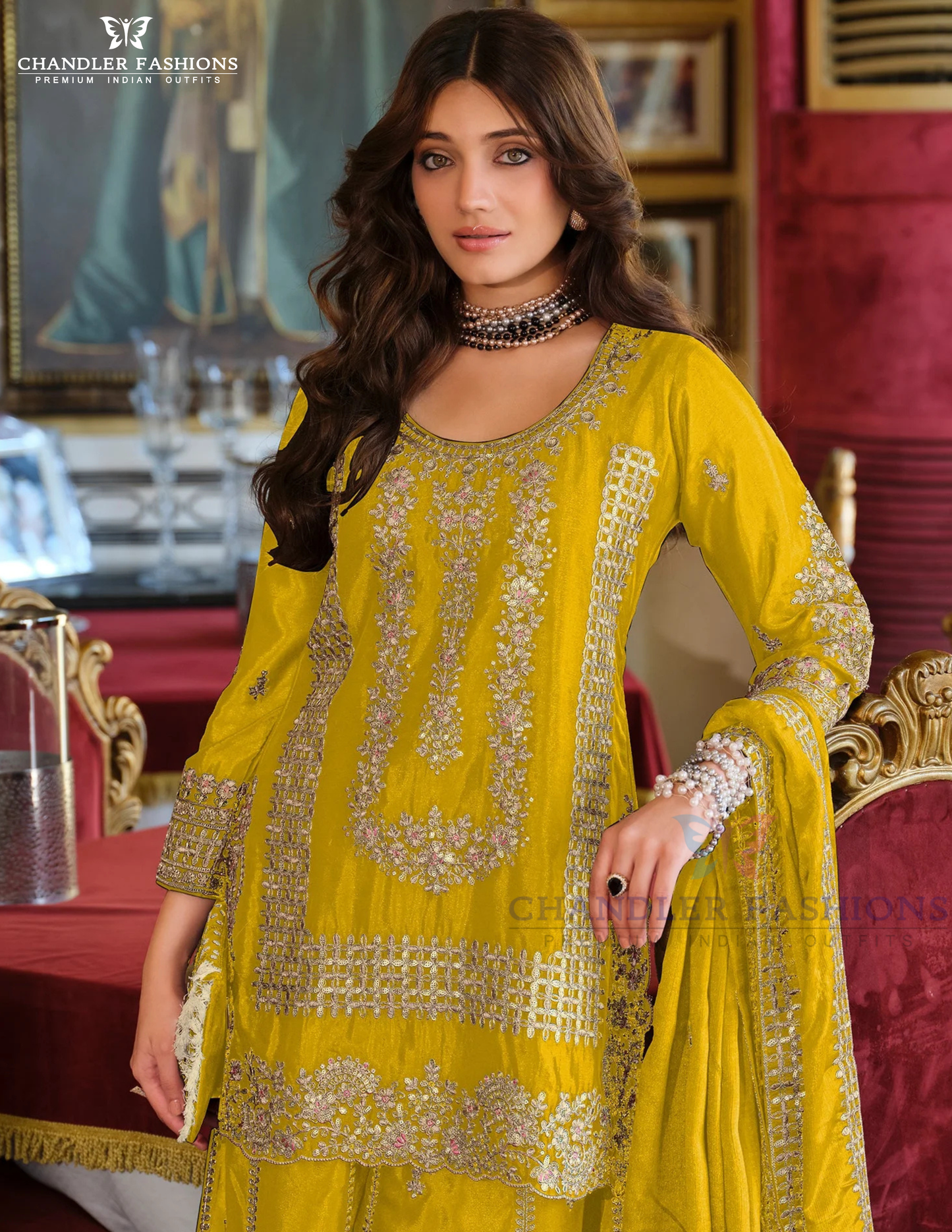 Yellow Color Chinon With Embroidery Work Palazzo Suits Near Me