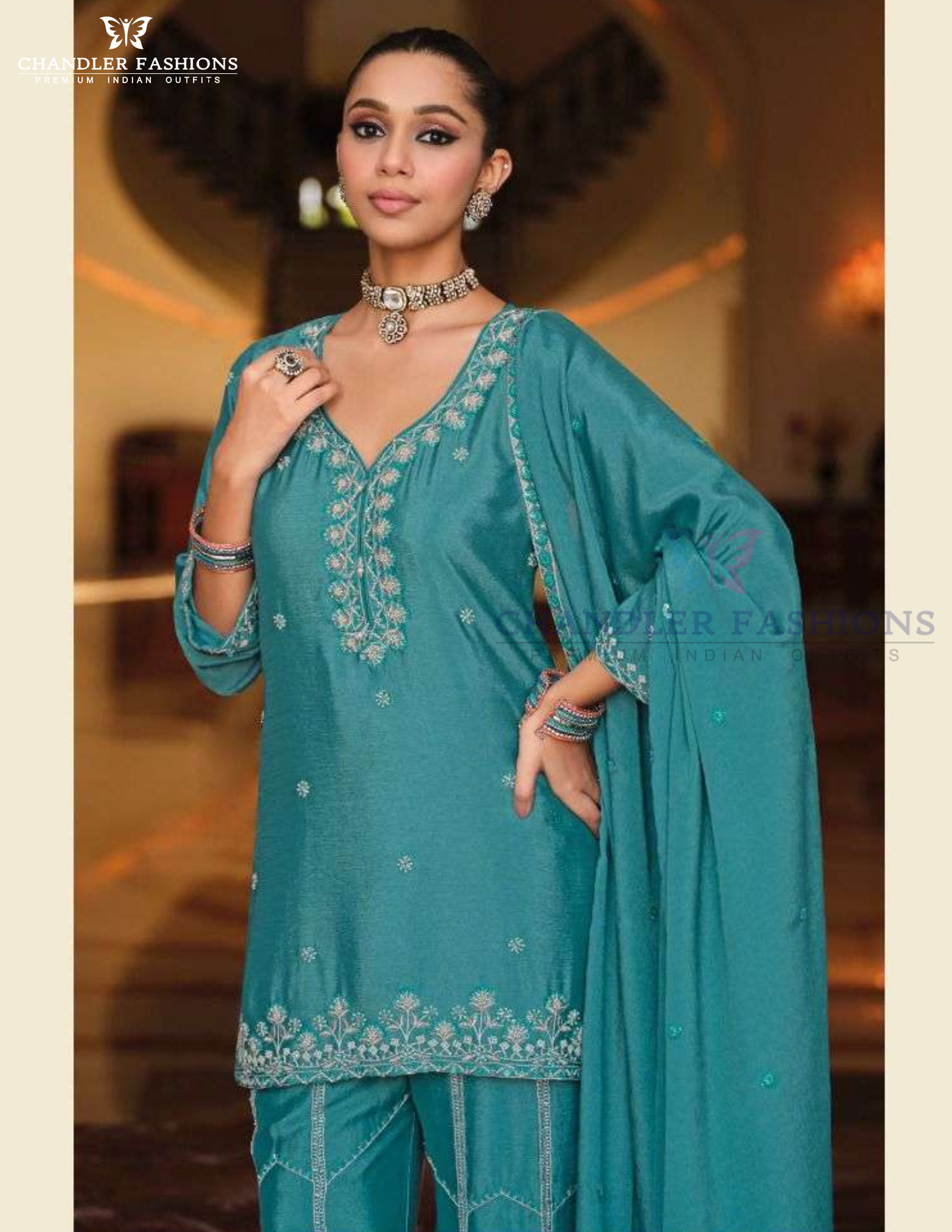 Bluish Green Color Chinon With Embroidery Work Sharara Suits Near Me