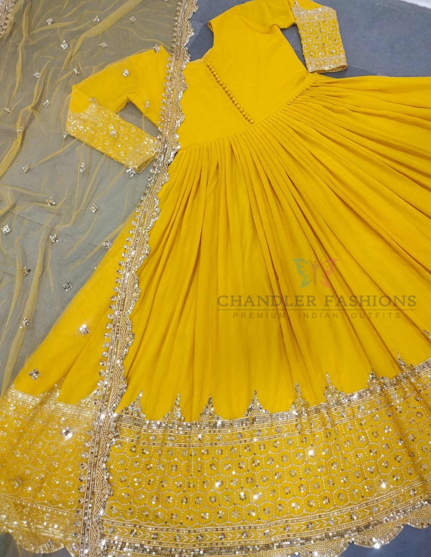 Fabulous Yellow Color Georgette With Embroidery And Sequins Work Long Gown With Dupatta