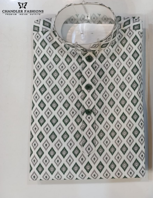 Elegant White With Green color Cotton With Printed Work Kurta Suits For Boys