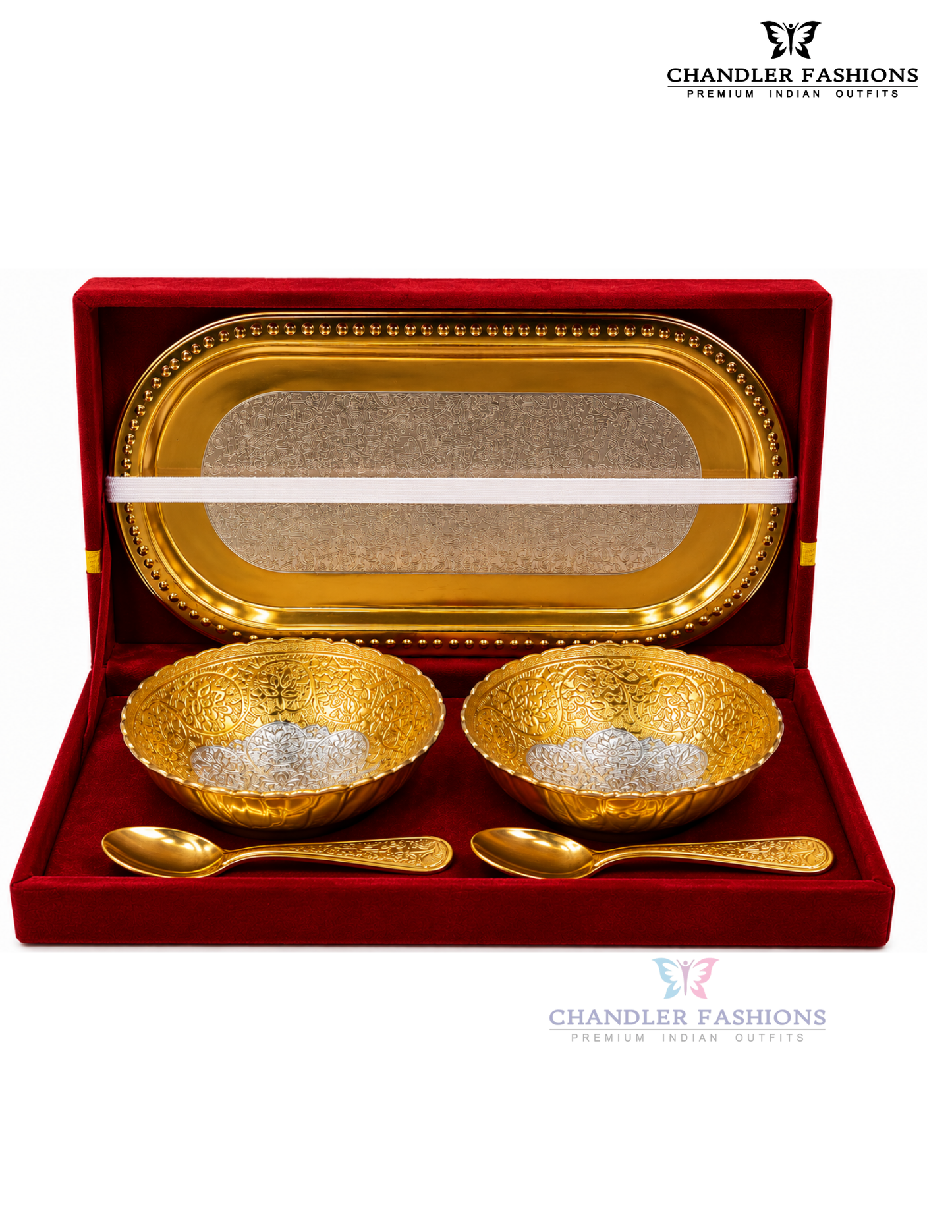Royal Gold Embossed Serving Bowl Gift Set With Red Velvet Box