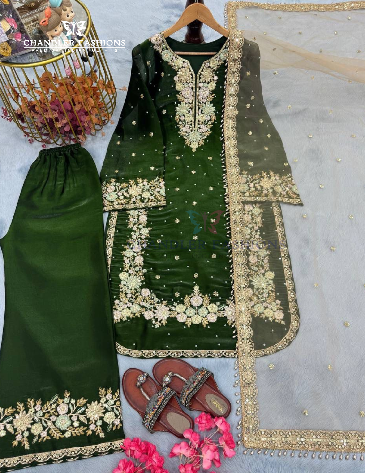 Attractive Green Color Palazzo Suits With Embroidery And Sequins Work For Women