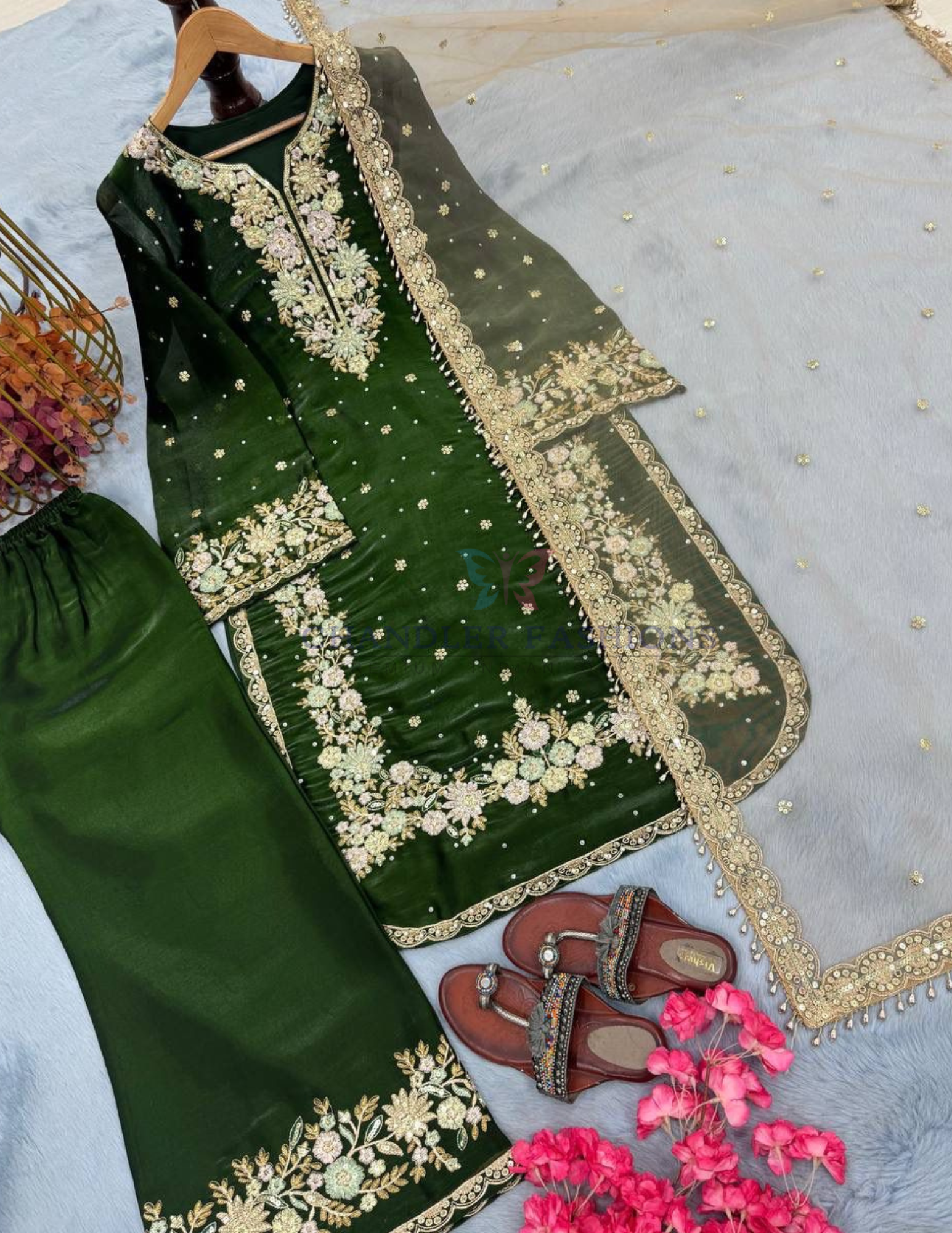 Green Color Palazzo Suits With Embroidery And Sequins Work In USA