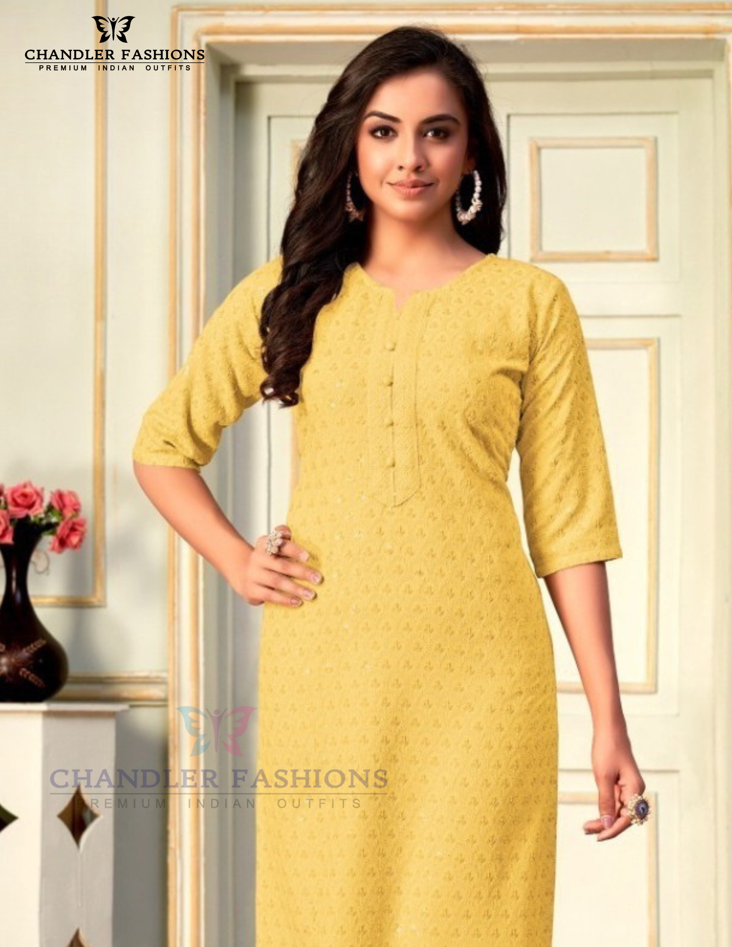 Yellow Color Rayon With Chikankari Work Kurti Near Me