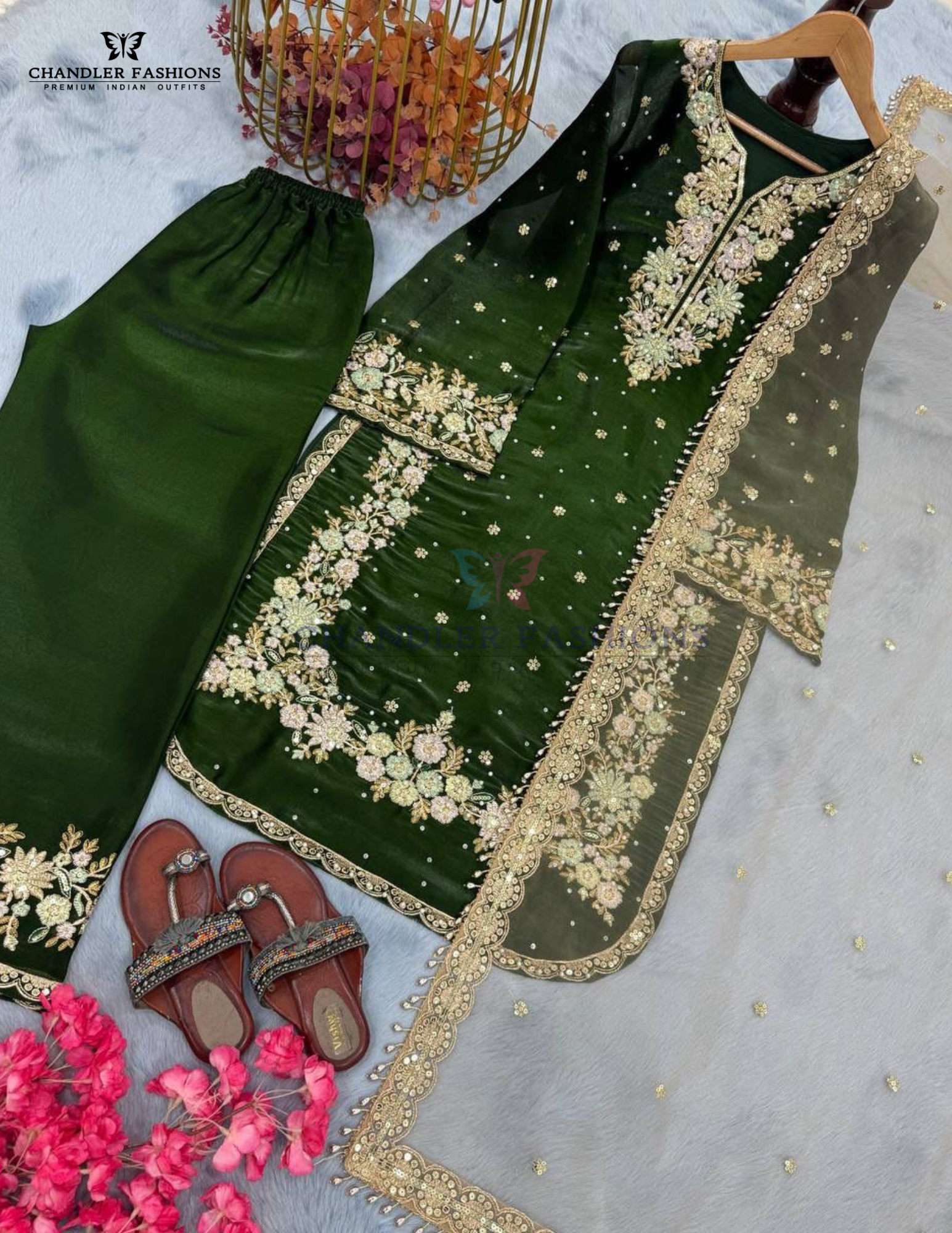 Green Color Palazzo Suits With Embroidery And Sequins Work Near Me
