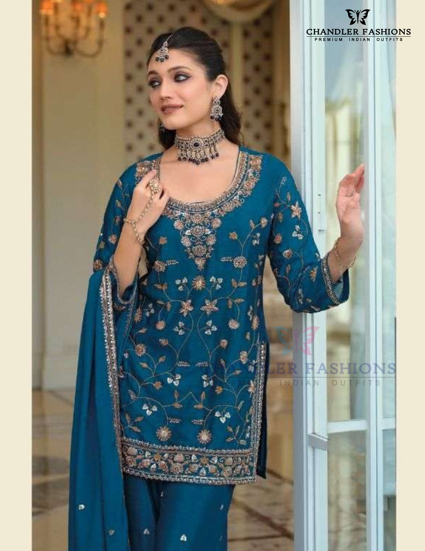 Teal Blue Color Sequins Work Palazzo Suits In Prescott
