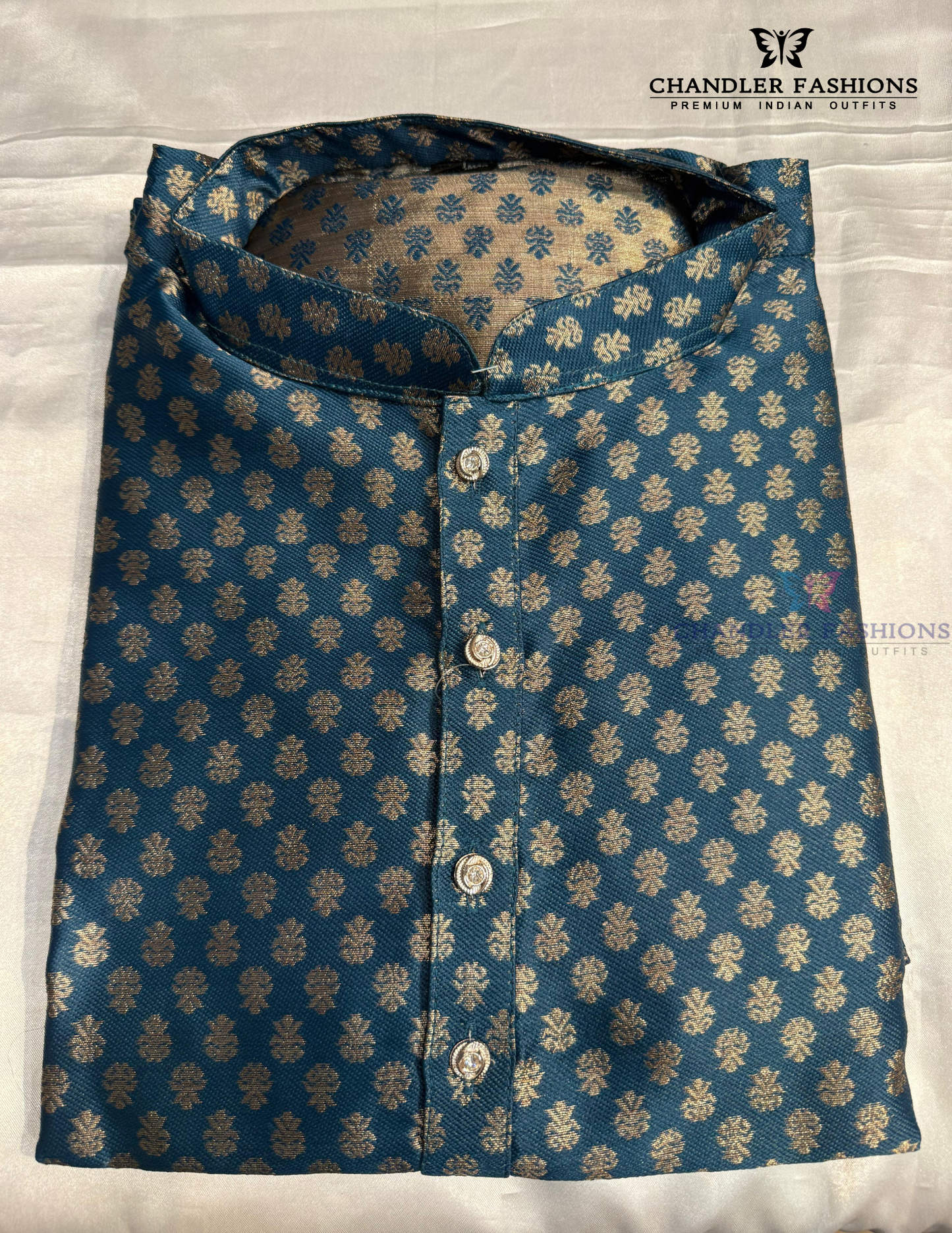 Beautiful Teal Blue Color Jacquard With Printed Work Kurta Set For Men