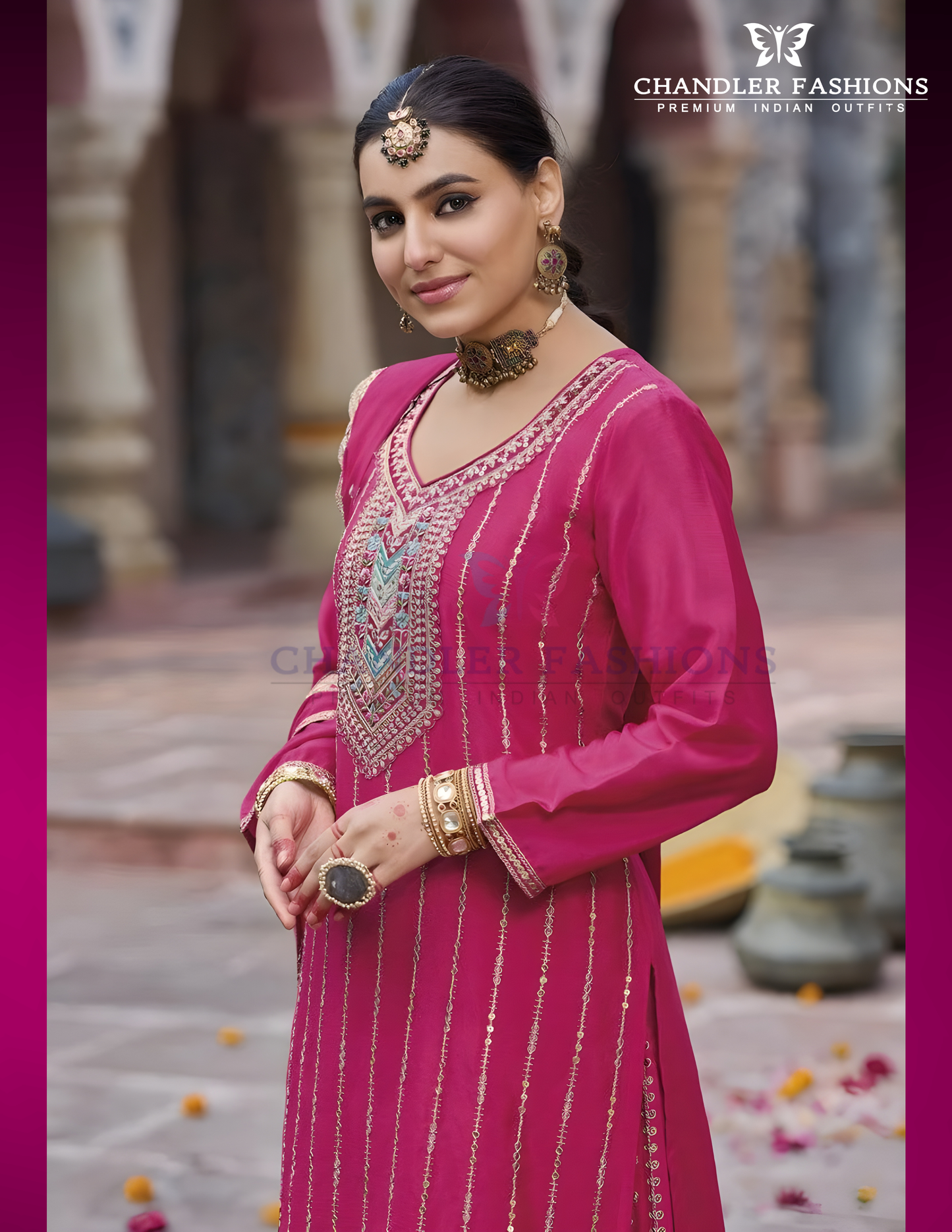 Pink Color Chinon With Embroidery Work Palazzo Suits Near Me