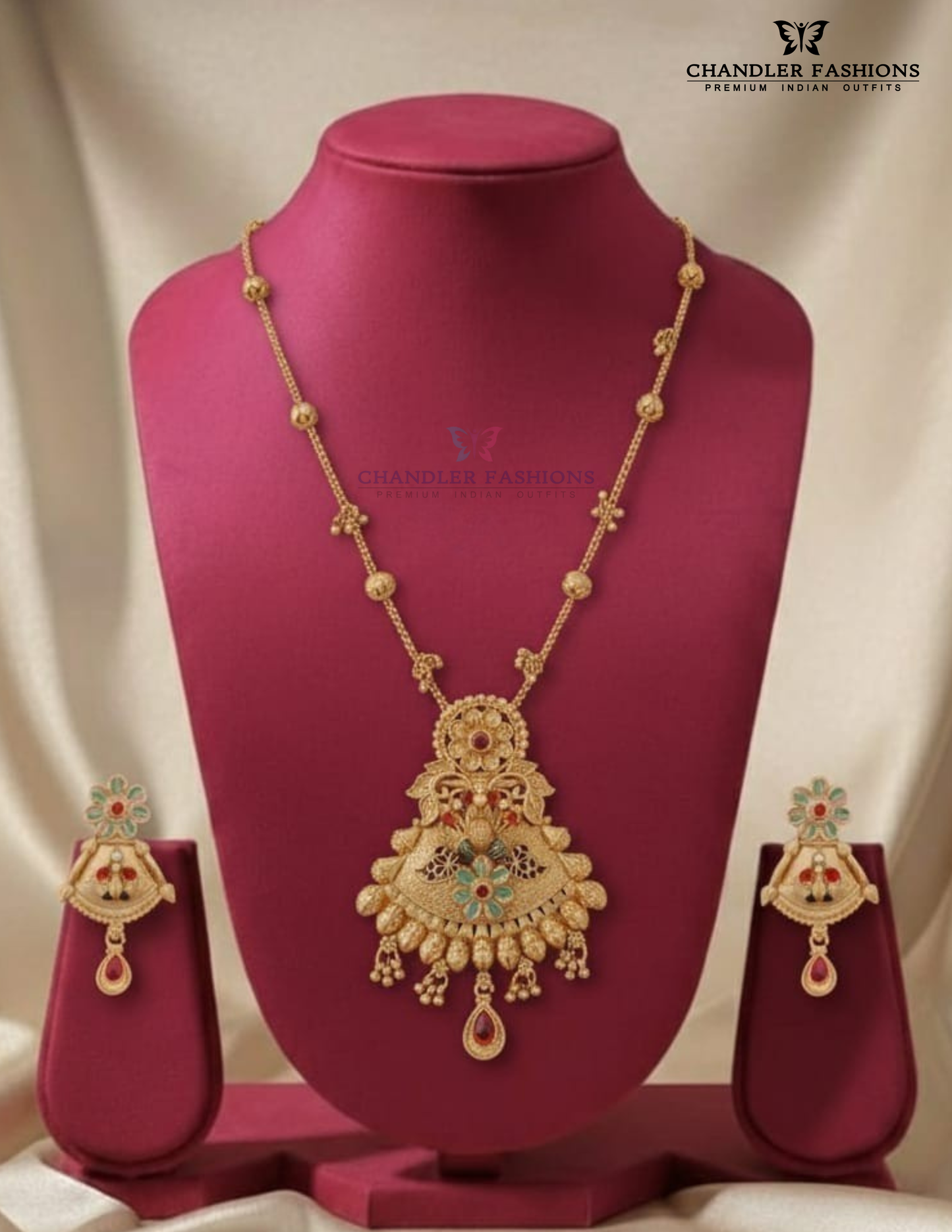 Captivating Red And Blue Color Stone Antique Gold Necklace With Earrings Set
