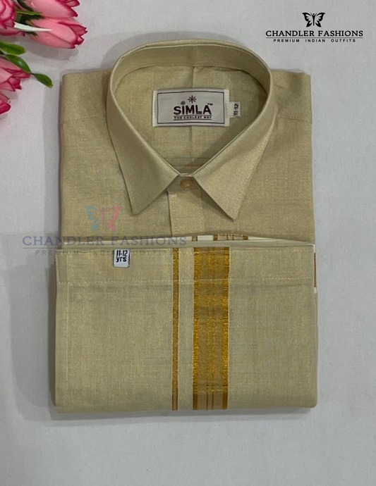 Pretty Sandal Color Cotton Shirt With Tissue Zari Work Dhoti Set For Kids