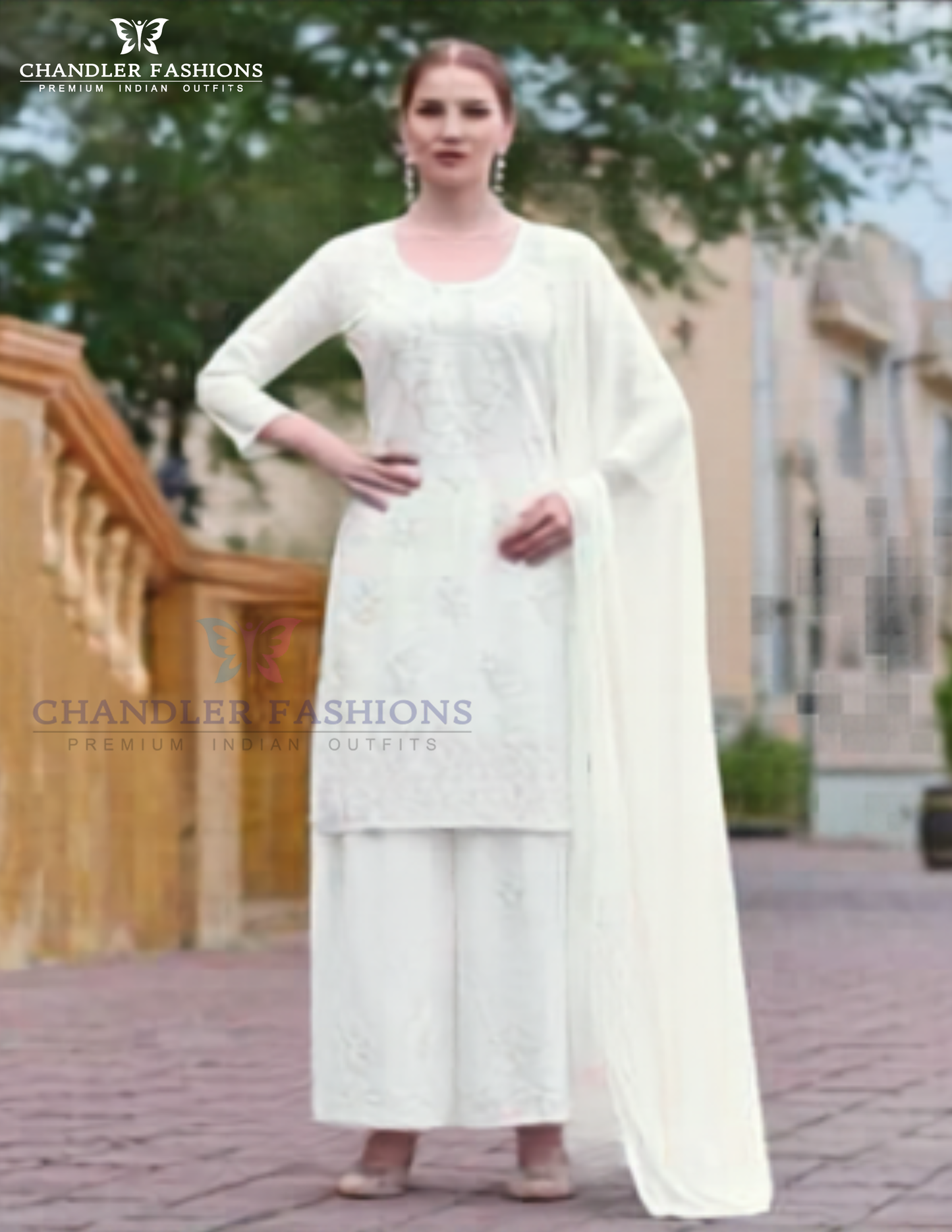 Charming White Color Embroidery Work Rayon Palazzo Suits With Dupatta For Women