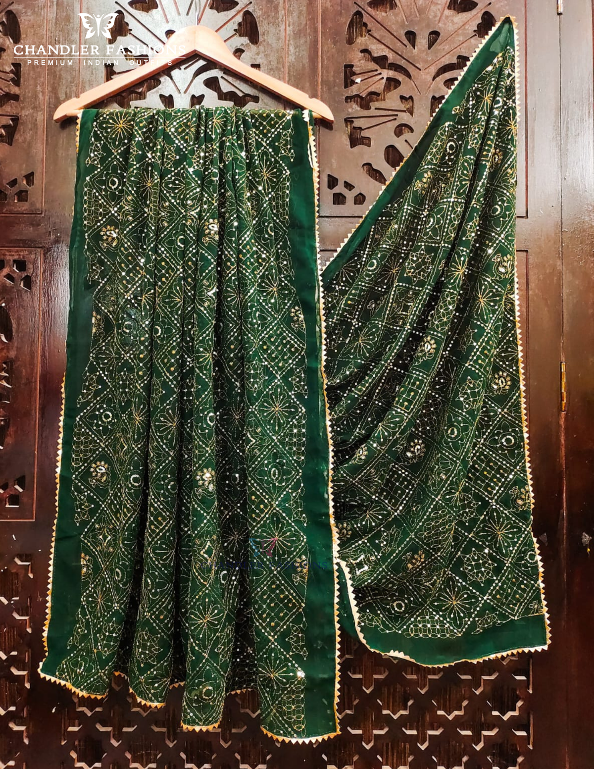Green Color Georgette With Printed And Zari Work Dupatta Near Me