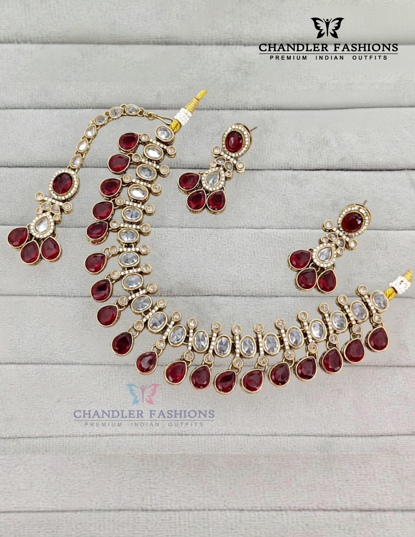 Wonderful Gold Plated Red Color Kundan Necklace With Earrings And Maang Tikka