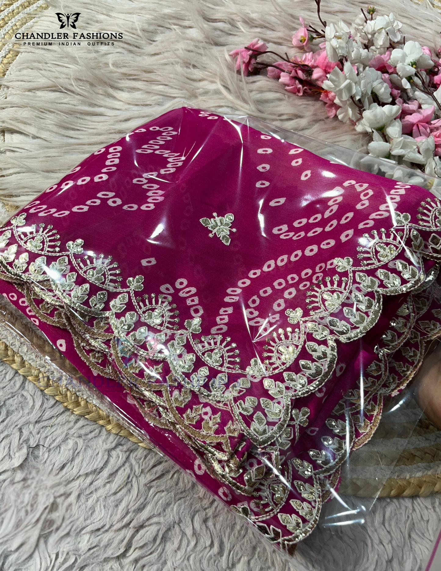 Pink Color Embroidery Work And Bandhej Print Saree Near Me