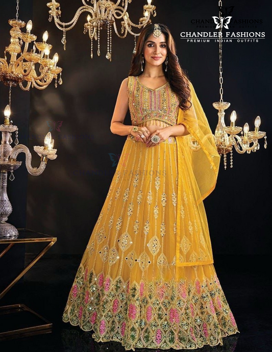 Charming Yellow Color Embroidery And Mirror Work Lehenga For Women