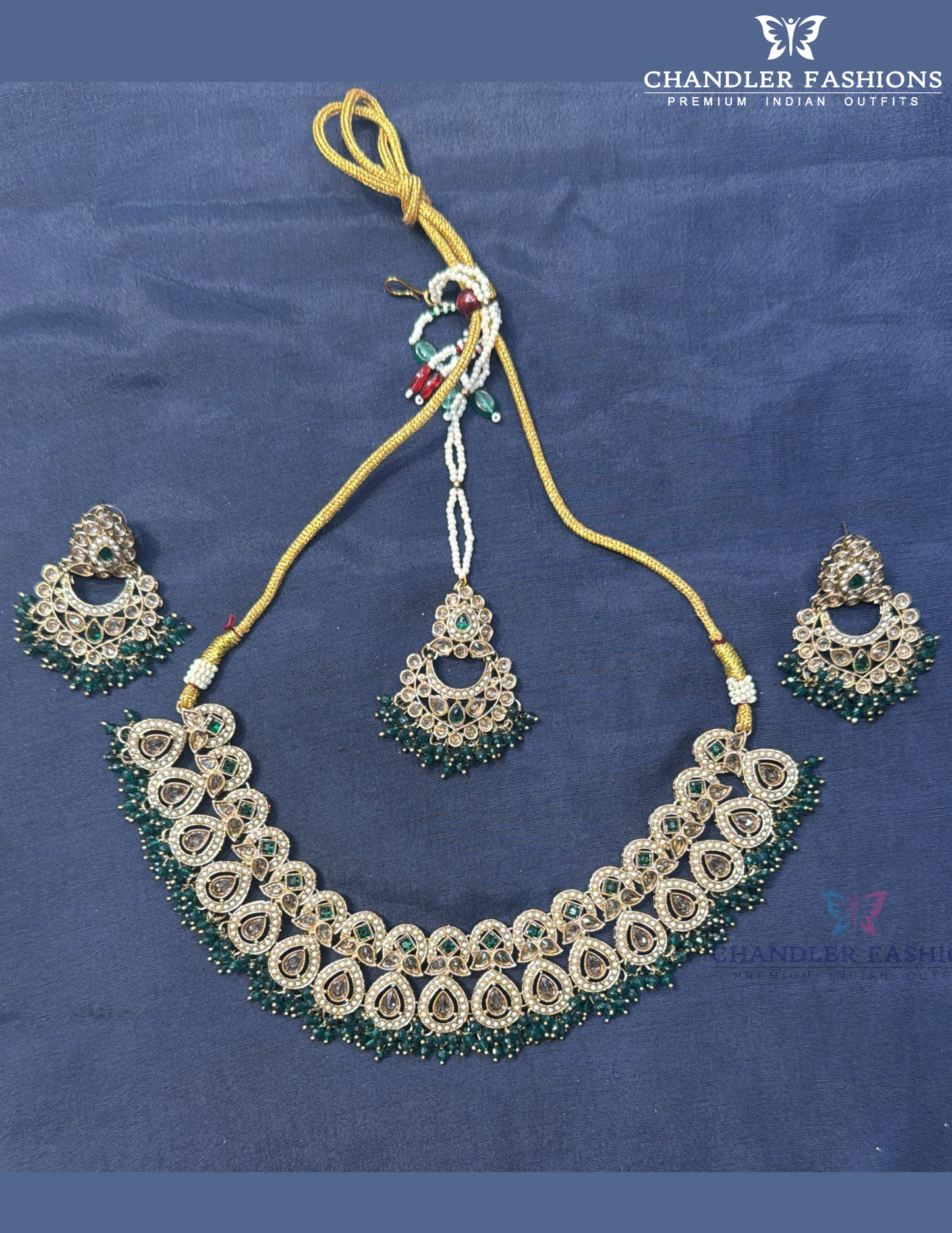 Charming Dark Green Color Beads And Gold Stones Gold Plated Necklace With Earrings