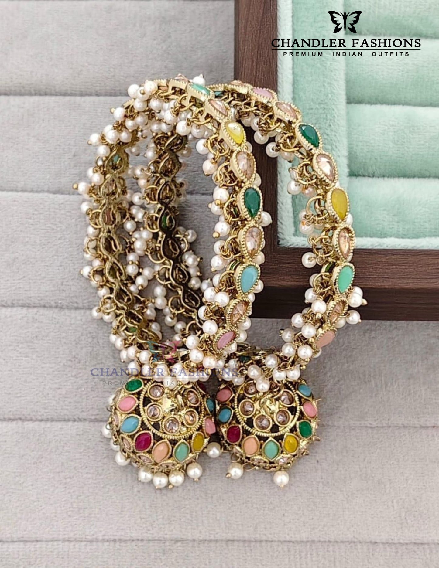 Gorgeous Multi Color Stones And Pearls With Jumkha Design Bangles For Women