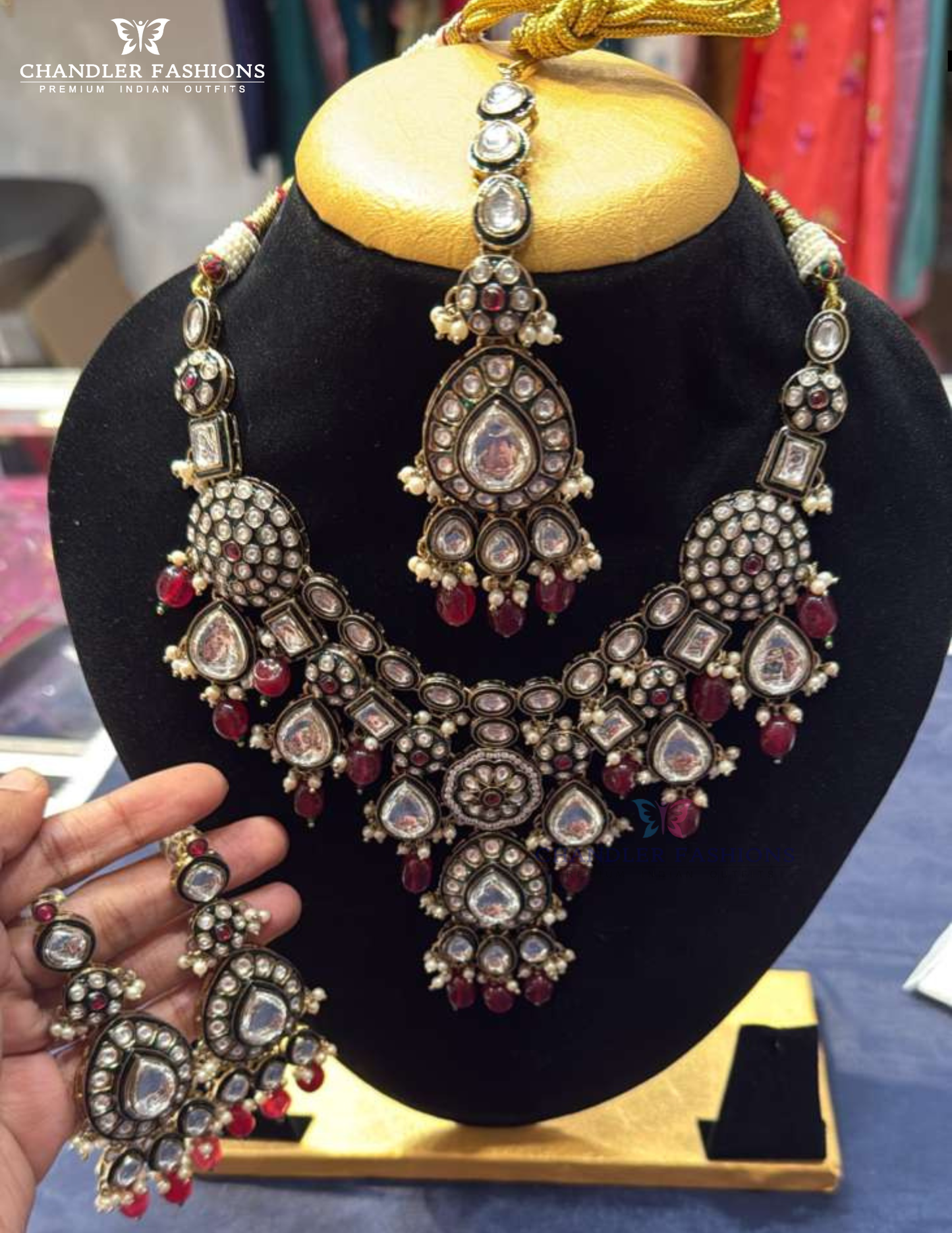 Alluring White Color Stone Antique Gold With Pearl Beaded Necklace With Maang Tikka And Earrings