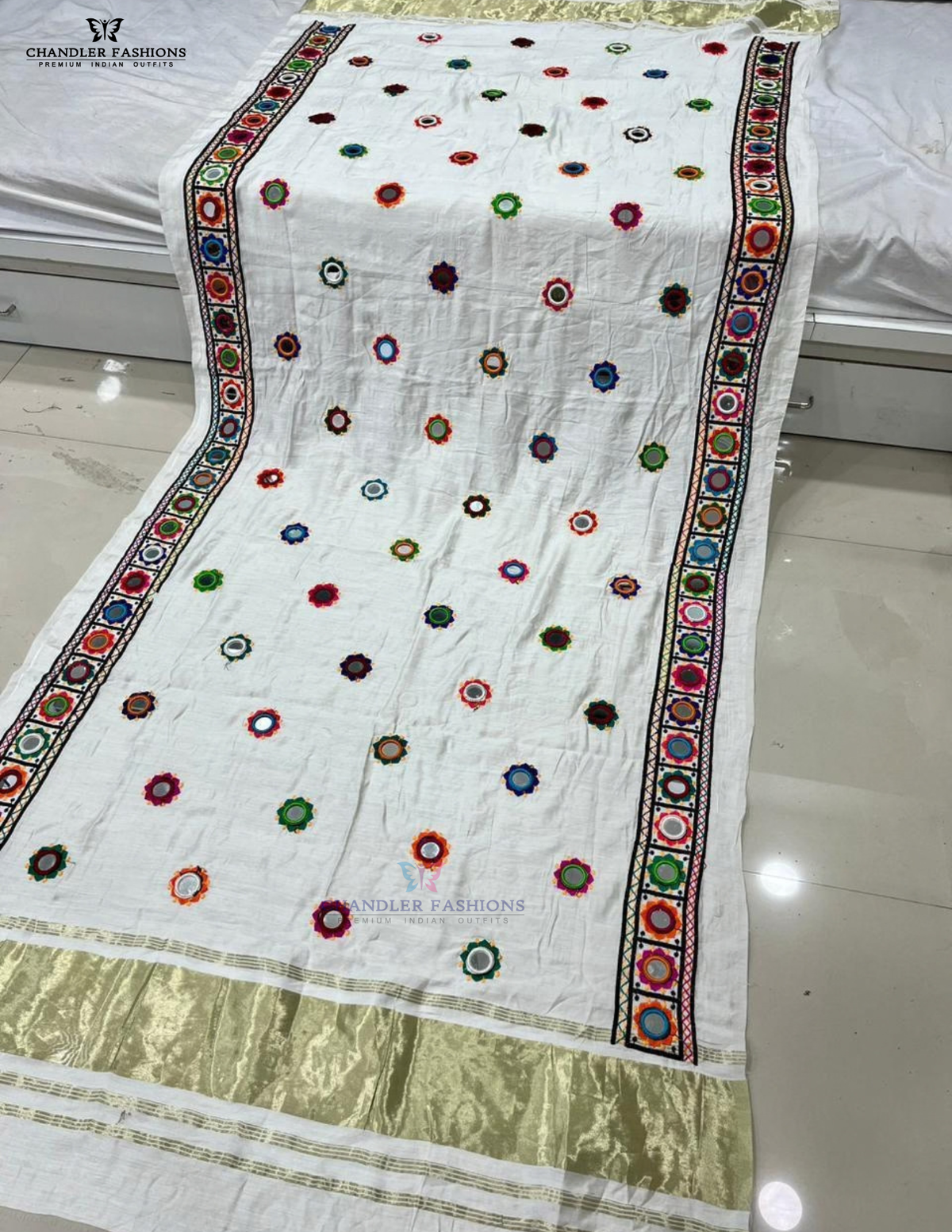 Stunning White Color Silk With Printed And Mirror Work Dupatta For Women